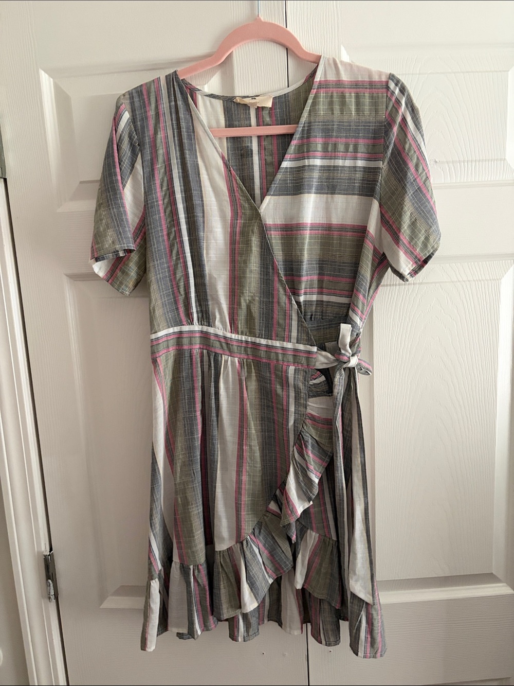 entro Olive, Pink and White Striped Wrap Mini Dress